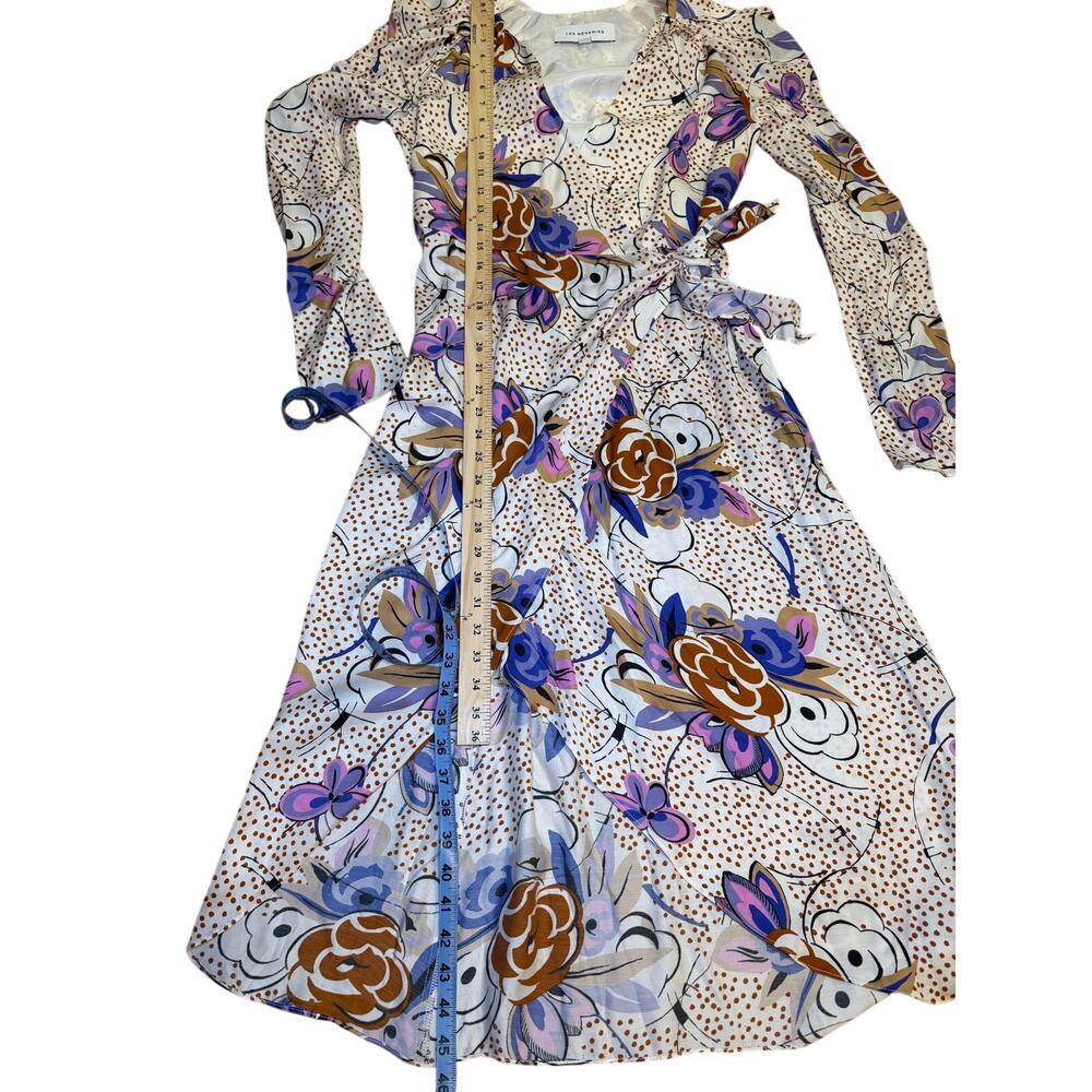 Les Reveries Floral Polka‎ Dot Wrap Midi Dress Purple Brown Blue Size 4 - Picture 5 of 6
